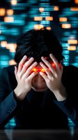 Asian businessman in dark suit showing frustration with hands covering face against digital data background with glowing orange lights and blue technology pattern.
