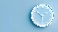 Minimalist white wall clock on light blue background showing time management concept with copy space for text. Clean modern design aesthetic.