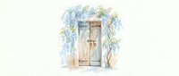 Watercolor rustic wooden door with climbing vines and foliage, charming entrance illustration isolated on white background for home decor and design projects.