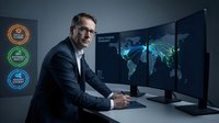 Professional businessman in suit analyzing global data on multiple monitors in modern office environment for corporate presentations and business analytics.
