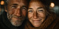 Happy mature Caucasian couple smiling warmly together in cozy evening light, showing genuine love and connection in their golden years of marriage.