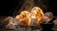 Amber crystals and raw minerals scattered on dark surface with mortar and pestle, suitable for wellness, alternative medicine, and natural healing product marketing.