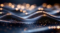Flowing wave of glowing particles and bokeh lights creating an abstract digital landscape with warm golden tones against cool blue background for technology and innovation concepts.