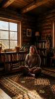 Young woman meditating in cozy log cabin library with wooden beams, bookshelves, and warm natural lighting for wellness and mindfulness concepts.