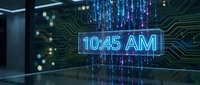 Digital clock display showing 10:45 AM with glowing blue neon numbers surrounded by futuristic circuit board patterns and data streams for tech presentations.