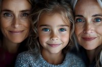 Three generations of females with striking blue eyes and warm smiles show family connection and genetic inheritance in close-up portrait against dark background.