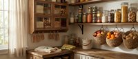 Rustic kitchen pantry with wooden shelves displaying glass jars, woven baskets, and preserved foods, ideal for home decor and lifestyle content.
