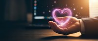 Glowing neon heart shape held in open hand against dark background with bokeh lights, symbolizing love, care, and compassion for healthcare, charity, and wellness concepts.