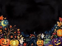 Autumn night celebration border with jack-o-lanterns, ghosts, cauldron, moon and fall foliage on black background. Perfect for Halloween designs, greeting cards and seasonal marketing materials.
