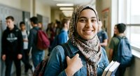 Young Muslim female student wearing hijab smiling in university hallway with backpack and books. Education diversity concept for academic success materials.