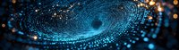 Glowing blue spiral vortex with scattered light particles and bokeh effects creates futuristic technological abstract background for digital concepts.