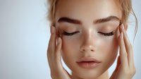 Young Caucasian woman with natural makeup, closed eyes and freckles touching temples with fingers against white background. Clean beauty skincare concept.