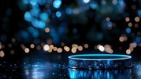 Blue glowing product display podium with sparkling particles and bokeh lights creating magical atmosphere for luxury brand presentation and advertising.