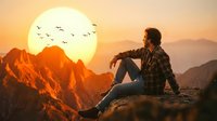 Man sitting on mountain peak at sunset watching birds fly across large sun, wearing plaid shirt, contemplating nature landscape with golden sky and distant peaks.