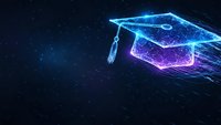 Futuristic glowing graduation cap with digital particles and neon lights on dark starry background for online education and academic achievement concepts.