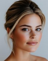 Young woman with natural makeup, freckles, and blonde hair in soft updo style against light background, showcasing fresh, glowing skin and subtle beauty look.