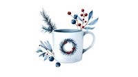 Festive white mug with winter wreath decoration, pine branches, blue leaves and red berries watercolor composition on isolated background for holiday designs.