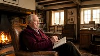 Elderly Caucasian man reading book in cozy rustic living room with fireplace and wooden beams. Comfortable retirement lifestyle at home.