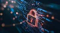 Glowing orange padlock icon over digital code background with blue bokeh lights represents cybersecurity, data protection and encryption technology concepts.