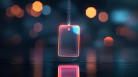 Glowing neon identification card hanging on chain with reflection on dark surface and blurred bokeh lights in background, modern security concept.