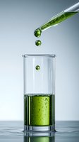 Green liquid drops falling from glass pipette into laboratory test tube with chemical solution against gray background, scientific research concept.