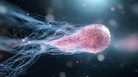 Microscopic visualization of sperm cell with detailed cellular structure showing tail fibers and head in pink and blue colors against dark background.
