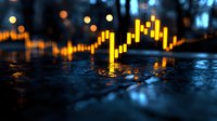 Glowing financial chart graph reflected on wet surface with bokeh city lights in background, creating dramatic market analysis visualization.