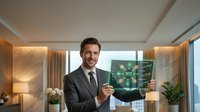 Smiling Caucasian businessman in suit holding futuristic transparent tablet with glowing SEO analytics dashboard in modern office.
