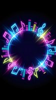 Neon music notes and equalizer bars forming circular frame with glowing effects on dark background for entertainment and audio production designs.