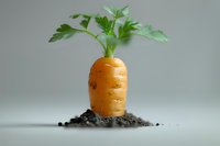 Fresh orange carrot growing in soil with green leaves against light background, minimalist food photography composition for healthy eating concept.