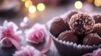 Dark chocolate truffles with cocoa powder and nuts in paper cups, pink roses and romantic bokeh lights creating festive mood for Valentine's Day celebration.