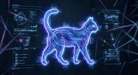 Futuristic neon cat hologram with glowing purple blue lines on dark tech background. Digital pet concept for sci-fi gaming interfaces and cyberpunk designs.