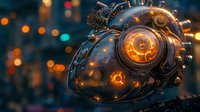 Mechanical heart with glowing orange clock elements and steampunk gears against blurred bokeh lights background, artistic fantasy concept piece.