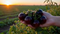 Fresh ripe tomatoes in farmer's hand at sunset in agricultural field. Organic farming and harvest concept for healthy food production and agriculture.