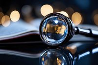 Magnifying glass on reflective surface with blurred bokeh lights in background creates artistic macro photography composition for business concepts.
