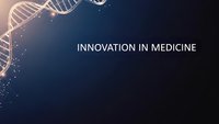 Medical innovation concept with DNA helix structure and glowing particles on dark blue gradient background for healthcare technology presentations.