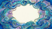 Decorative swirling cloud frame in blue and purple watercolor style with empty center space for text or design elements on light background.