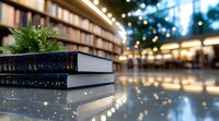 Books stacked on reflective surface with blurred bookshelf background and bokeh lights creating magical library atmosphere. Soft focus education concept.