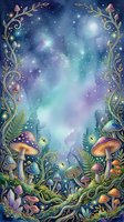 Enchanted forest gateway with glowing mushrooms, magical stars, and ornate golden botanical frame surrounding mystical night sky landscape.