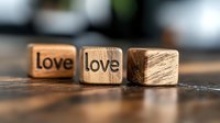 Wooden blocks with love text engraved on surface, arranged in row on dark table for romantic greeting cards and wedding designs.
