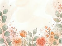 Soft watercolor floral background with peach roses, green leaves, and berries, featuring a pastel blush tone and copy space for text.
