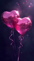 Pink metallic heart balloons with ribbons floating against dark background with bokeh lights. Romantic celebration concept for Valentine's Day and love themes.
