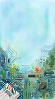 Watercolor circuit board with electronic components, microchips, and glowing LED lights on blue and green PCB pathways, representing technology, innovation, and digital connectivity for tech industry designs.