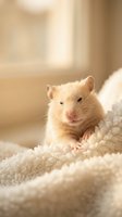 Adorable golden hamster sitting on soft white blanket in warm sunlight. Cute small pet rodent with fluffy fur looking at camera in cozy home setting.