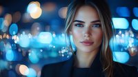 Young Caucasian businesswoman with blue eyes and natural makeup against blurred city night lights background with bokeh effect, modern professional portrait.
