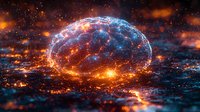 Glowing brain visualization with orange and blue light effects on dark background, representing artificial intelligence, neural networks and mind power.