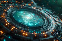 Glowing turquoise spiral portal with orange light particles and metallic circular frame against dark background creates futuristic sci-fi atmosphere.