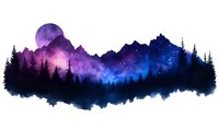 Mystical night landscape with starry galaxy sky and full moon over mountain silhouettes and pine forest in watercolor style, purple and blue cosmic colors.