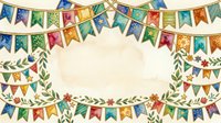 Colorful bunting and festive garland with leaves frame a cream background, ideal for party invitations, greeting cards, and celebratory event designs.
