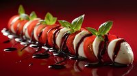 Fresh caprese salad with cherry tomatoes, mozzarella balls and basil leaves arranged in line on red background with balsamic glaze drizzle. Modern food presentation.